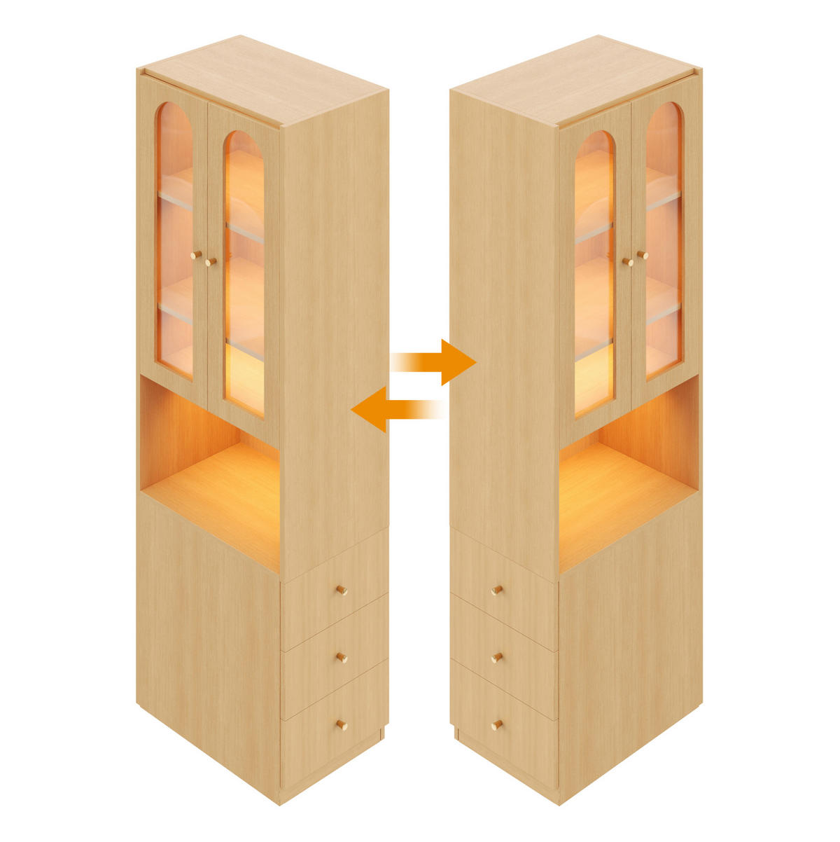 KNIHOVNA z MDF 60x40x200 cm v dekoru dubu s LED vitrínou z tvrzeného skla a bočními zásuvkami - barva dubu, kompozitní dřevo (60/200/40cm) - Modfu