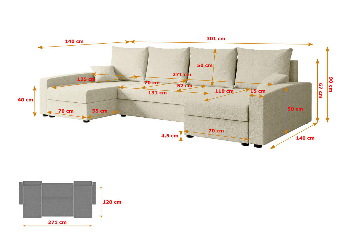 WOHNLANDSCHAFT mit Schlaffunktion und Bettkasten ALESIA-U 301x140x90 cm Beige Bouclé - Beige/Silberfarben, Holzwerkstoff/Kunststoff (301/90/140cm) - ALTDECOR