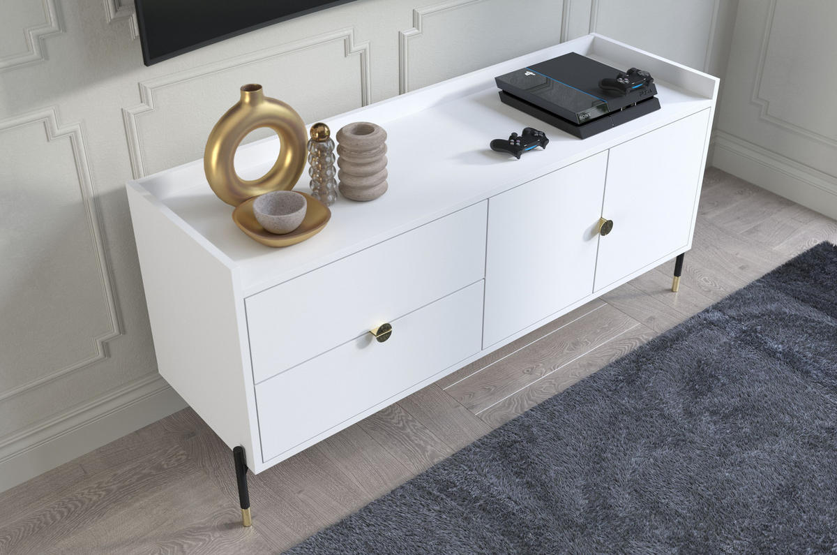 SIDEBOARD Iga, Weiß, Goldene Details, Schwarz Metallsockel - Schwarz/Weiß, Holzwerkstoff/Metall (142/65.5/42cm) - Dancan