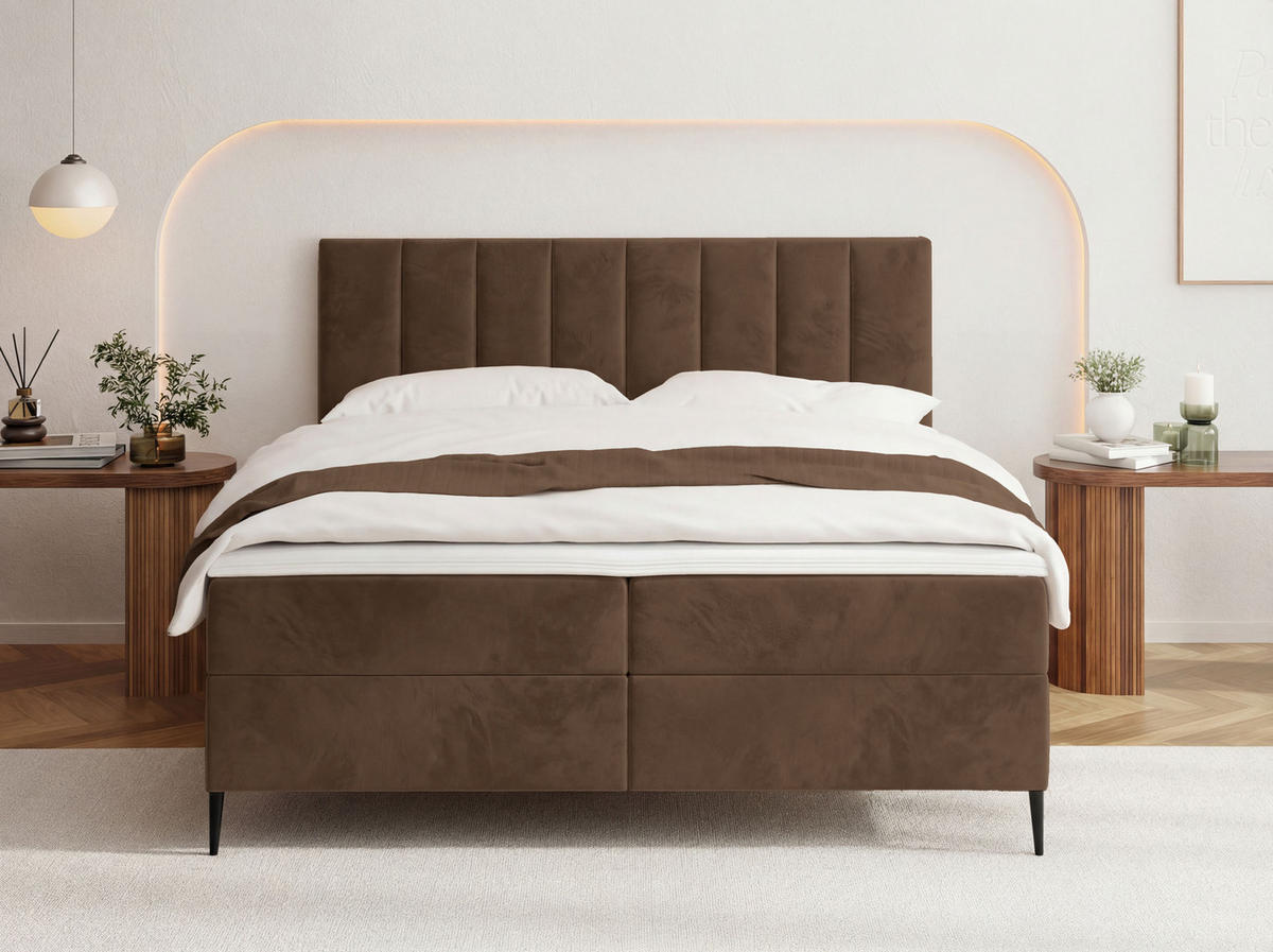 BOXBETT Allen mit Bettkasten, Samt Braun 200x200 cm – inkl. H4 Taschenfederkern Matratze & Foam Topper - Schwarz/Braun, Holzwerkstoff/Metall (200/200cm) - WFL GROUP