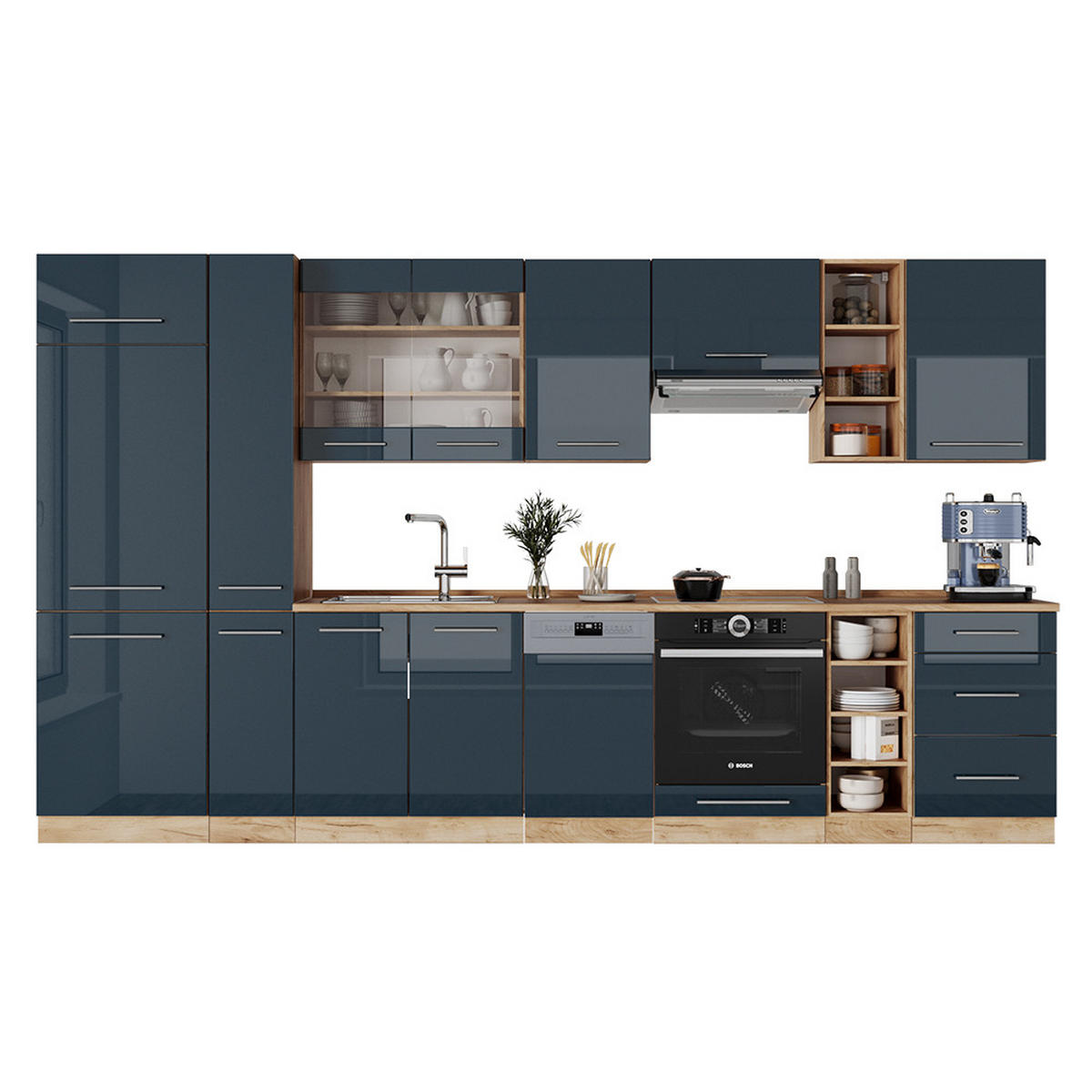 KÜCHENZEILE Fame-Line Dunkelblau Hochglanz/Goldkraft Eiche 355 cm ohne AP - Eiche Wotan/Dunkelblau, Holzwerkstoff (355/81.6/46cm) - Vicco