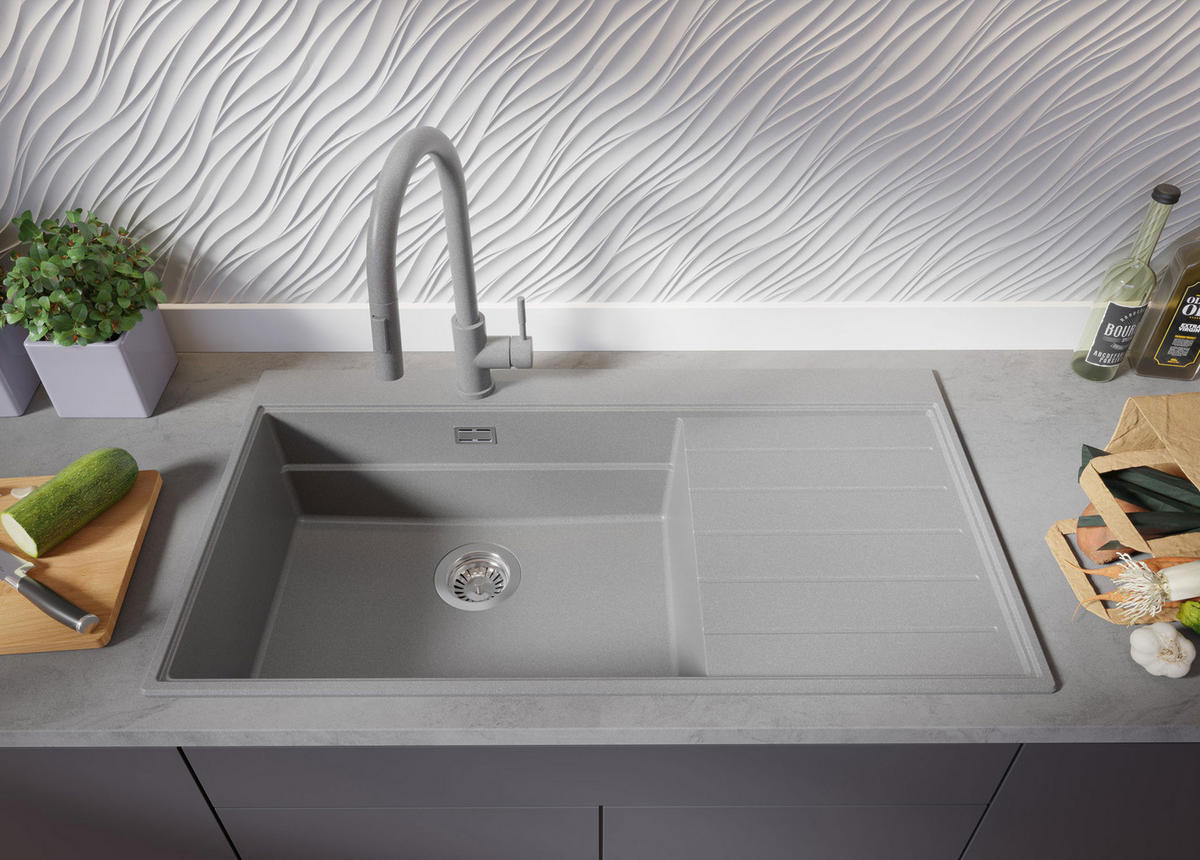 GRANITSPÜLE Sydney, 2-er set Grau 90/50 cm 1 Becken + Küchenarmatur 40/20 cm + Ablauf-Set + Küchenzubehörset ab 60er Unterschrank - Chromfarben/Beige, Kunststoff (90/20/50cm) - Primagran