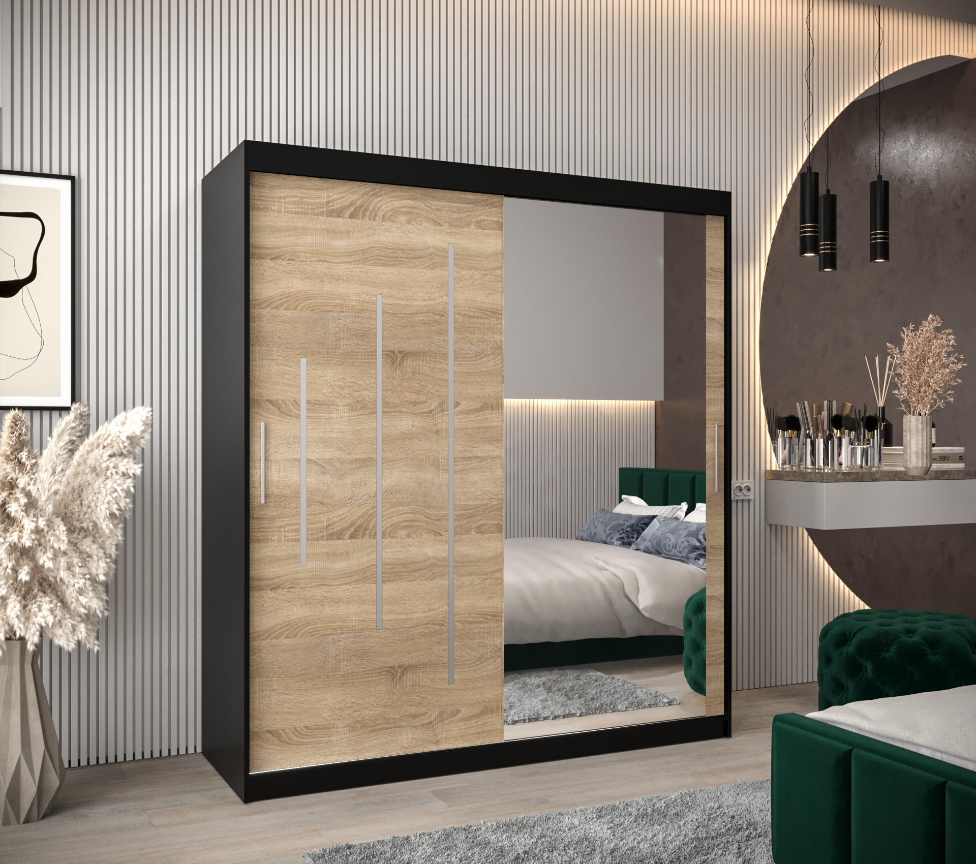 SCHWEBETÜRENSCHRANK 200/180/62 2-türig - Silberfarben/Schwarz, Holz/Kunststoff (180/200/62cm) - Abiks Möbel