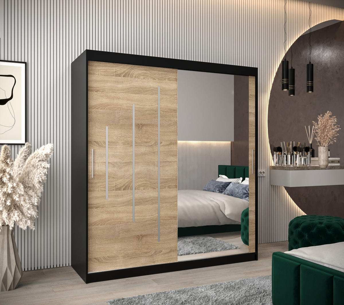 SCHWEBETÜRENSCHRANK 200/180/62 2-türig - Silberfarben/Schwarz, Holz/Kunststoff (180/200/62cm) - Abiks Möbel