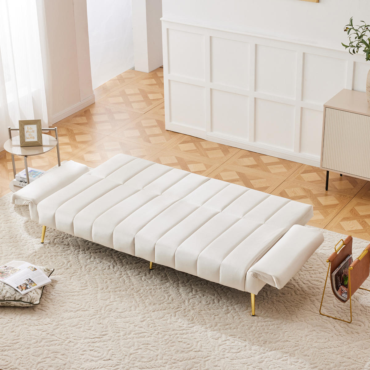 SOFA Schlaffunktion Klappbar Beige Samtstoff Hilfsfüße Modern Gästezimmer - Beige, Holz (83.82/24.77/43.69cm) - FLIEKS