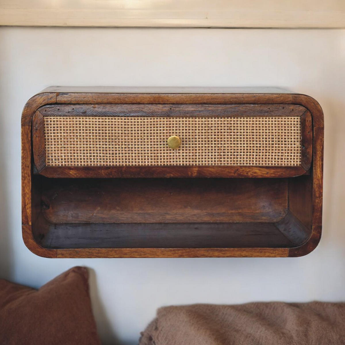 NACHTTISCH wandmontiert, offen geflochten - Messingfarben/Braun, Holz/Metall (45/25/32cm) - Artisan Furniture