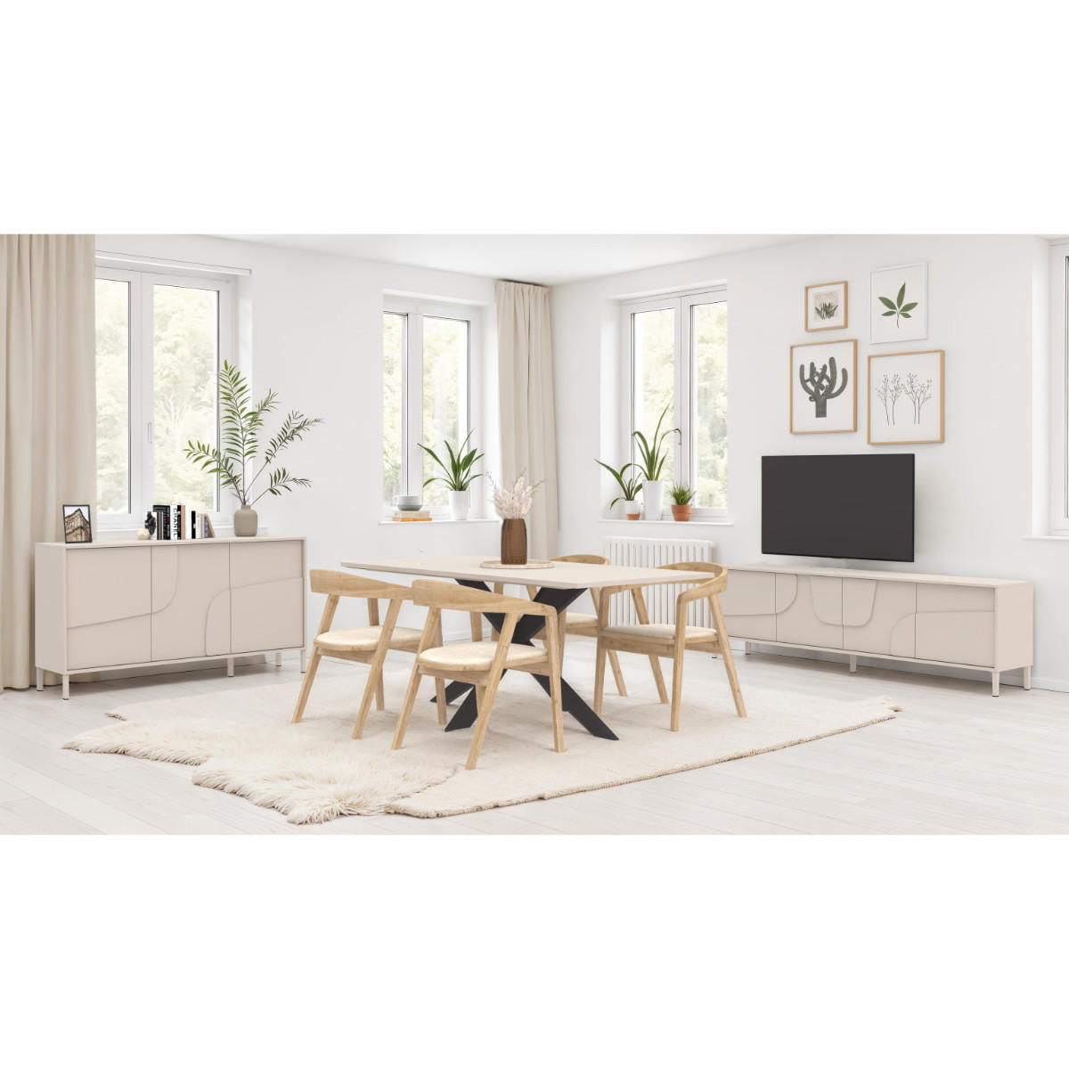 SIDEBOARD mit 3 dekorierten Türen Kaschmir 155/40/86 cm - Beige, Holzwerkstoff (40/86/6.4cm) - Calicosy