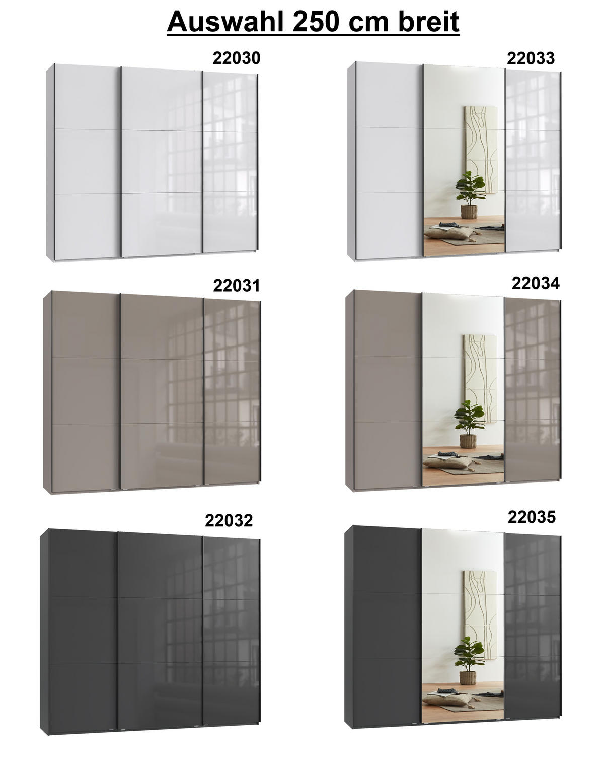 SCHWEBETÜRENSCHRANK 3-türig B250/H216/T65 cm in Anthrazit mit Glasfront und Spiegel inkl. Vollausstattung / 22035 - Anthrazit/Schwarz, Holzwerkstoff/Metall (250/216/65cm) - luma-home