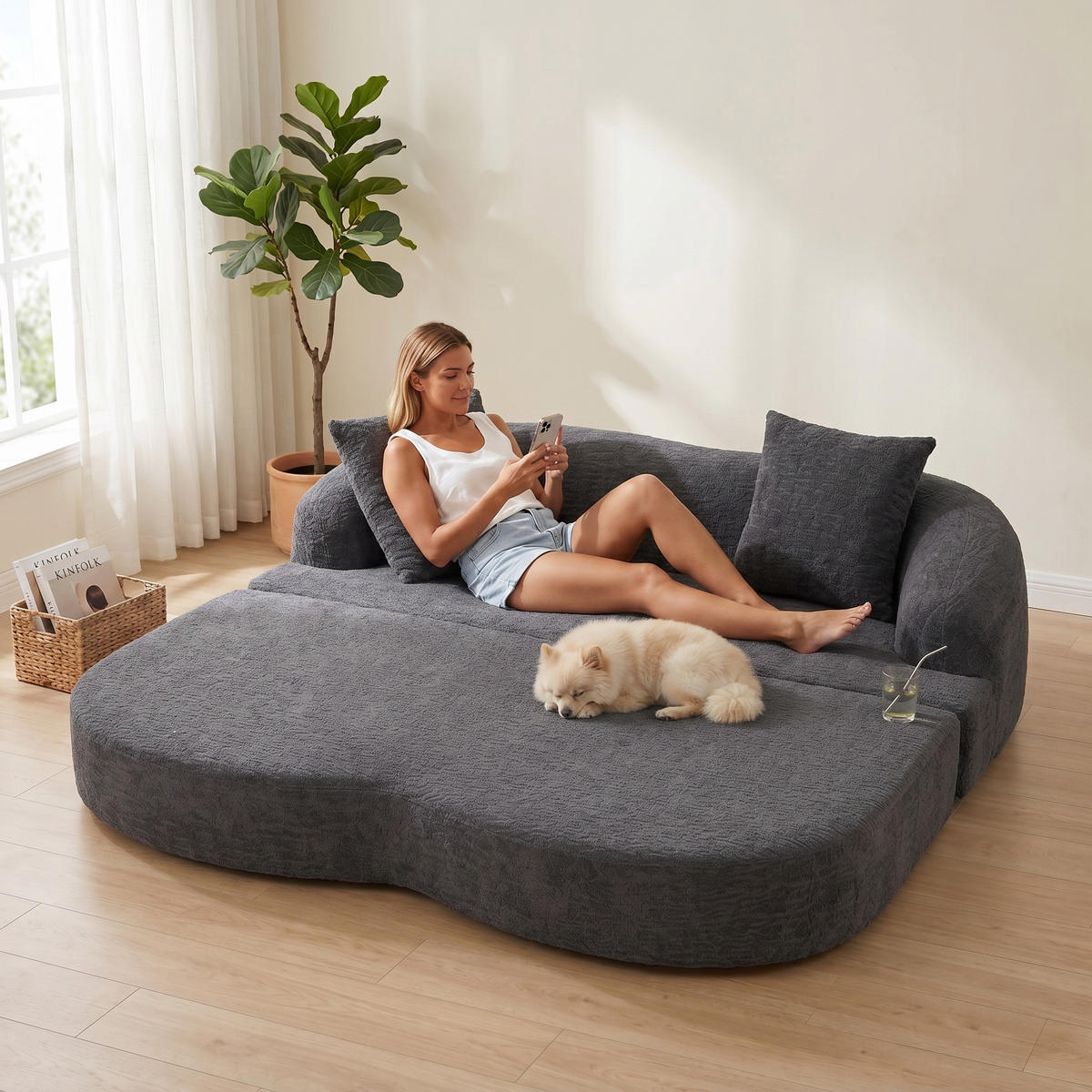 SCHLAFSOFA, 2 Sitzer aus Chenille, Klappsofa Bodensofa mit Schlaffunktion, Dunkelgrau - Dunkelgrau, Textil (157/44/153cm) - LVHOM