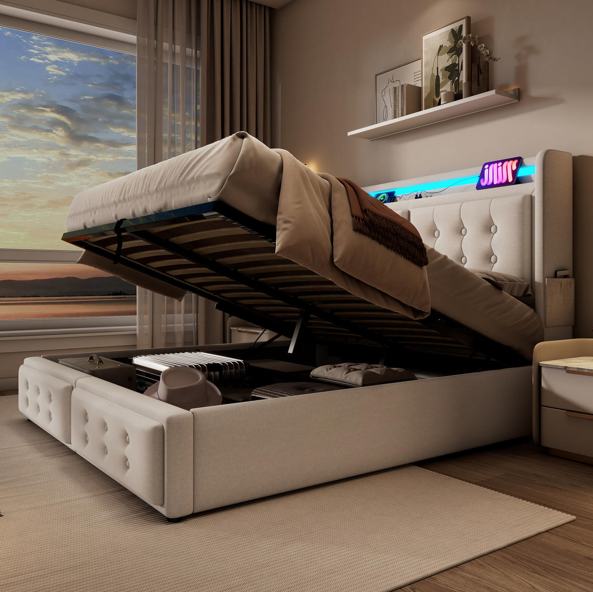 POLSTERBETT mit Stauraum, LED und USB 140x200 cm Beige - Beige, Metall (140/200cm) - Meubliv