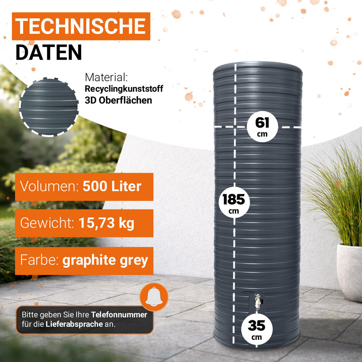 REGENTONNE Komplett-Set 500 L, graphite grey inkl. Chrom-Doppelauslaufhahn und Fallrohranschluss - Grau, Kunststoff (61/185/65cm) - GARANTIA