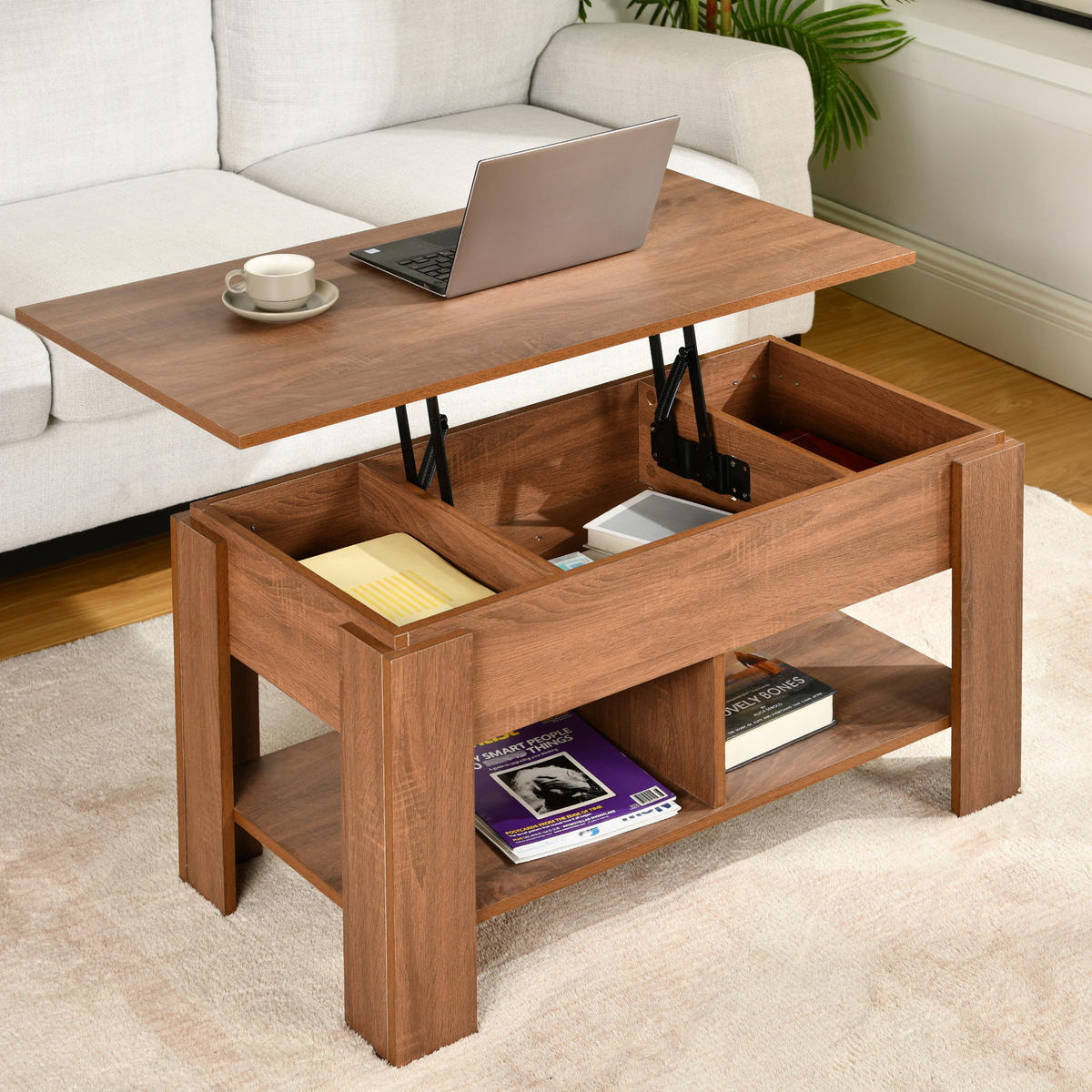 COUCHTISCH mit Lift-Top, Stauraum und Ablagefach, Eiche Optik - Braun, Holz (96/50/47cm) - Urban Meuble