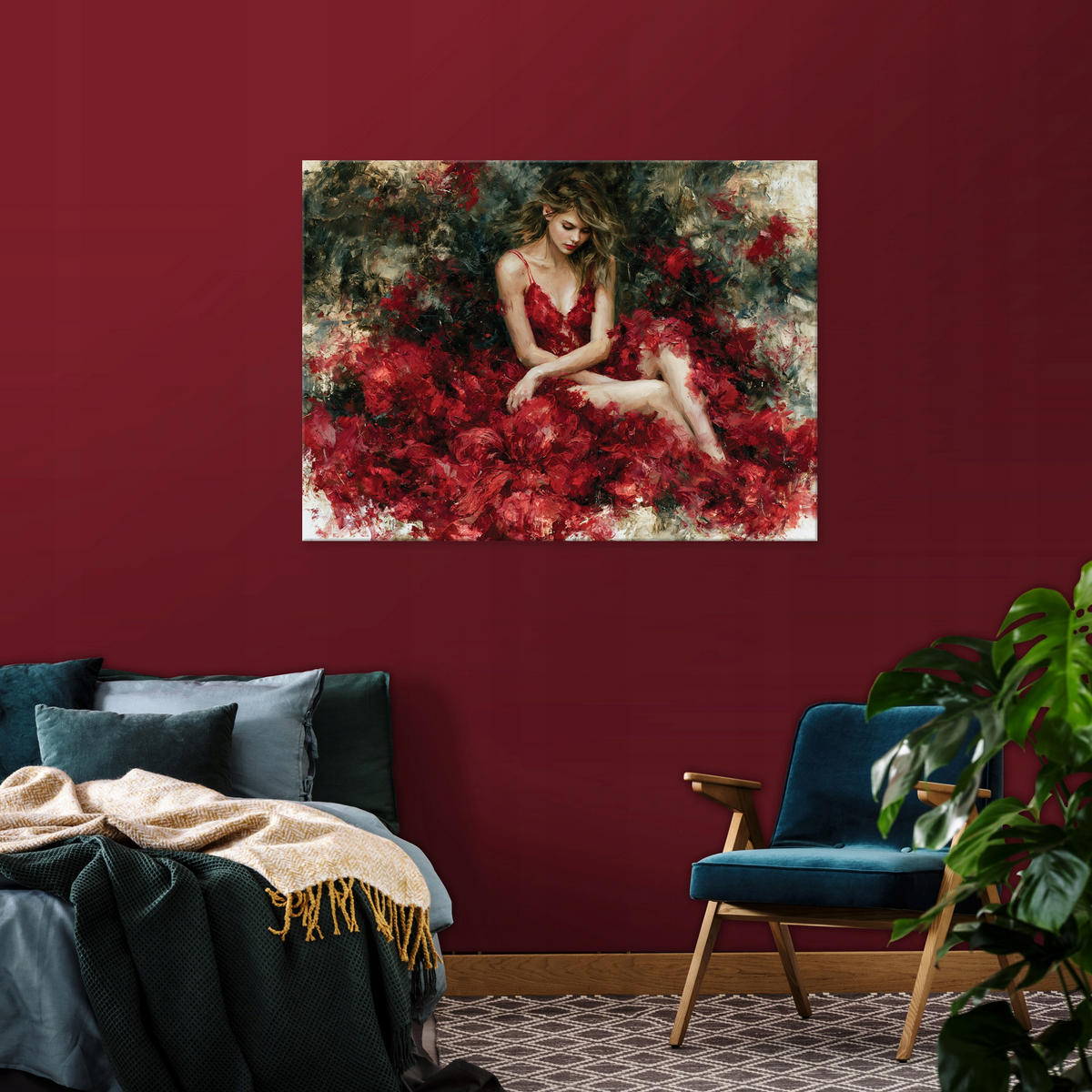 LEINWANDBILD Frau Romantisch Rot 100x70 cm - Multicolor, Holzwerkstoff (100/70cm) - Wallarena