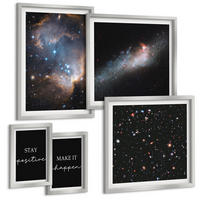 BILDER SET 5er Set - 50x50 cm & 20x30 cm & 40x60 cm Silberner Rahmen - Motivationsslogans Sterne Weltraum - Silberfarben, Kunststoff (40/60cm) - TULUP