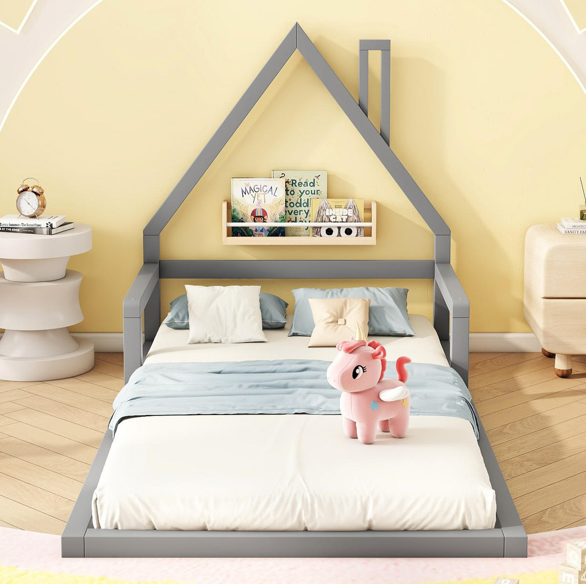 KINDERBETT Kindereinzelbetten 90/200 cm in Hausform aus Kiefer und MDF, pflegeleicht und stabil, Grau - Grau, Holzwerkstoff (90/200cm) - Redom
