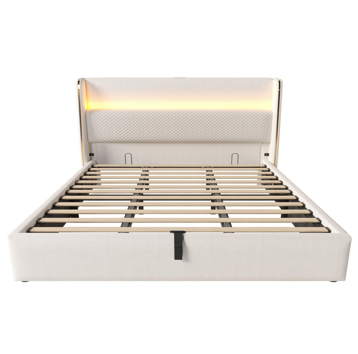 ČALOUNĚNÁ postel 180/200 cm béžová z lnu s LED osvětlením, USB a Type-C, úložným prostorem - béžová, textil (180/200cm) - OKWISH