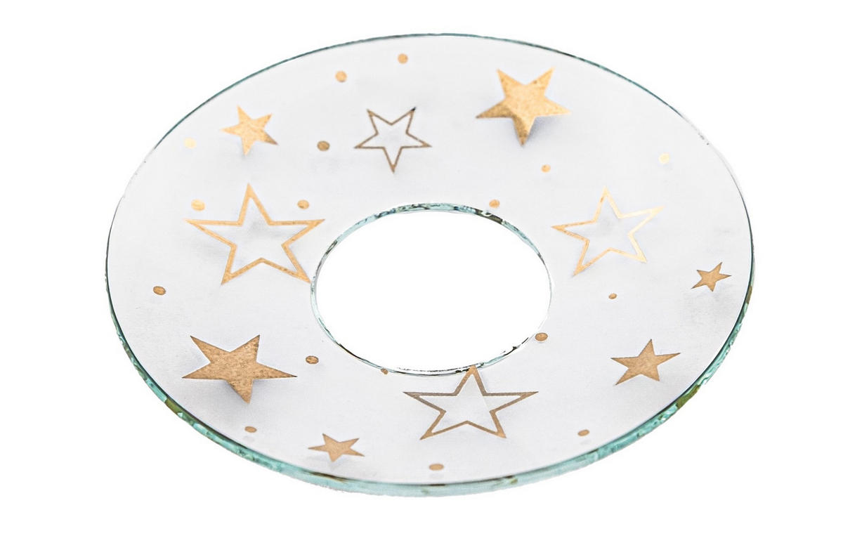 GLAS-KERZENMANSCHETTE (Bobeches) "Sternenregen in Gold" für Kerzen bis Ø 25 mm - Transparent, Paraffin (7/0.2/7cm) - Holfeuer Crystal Design