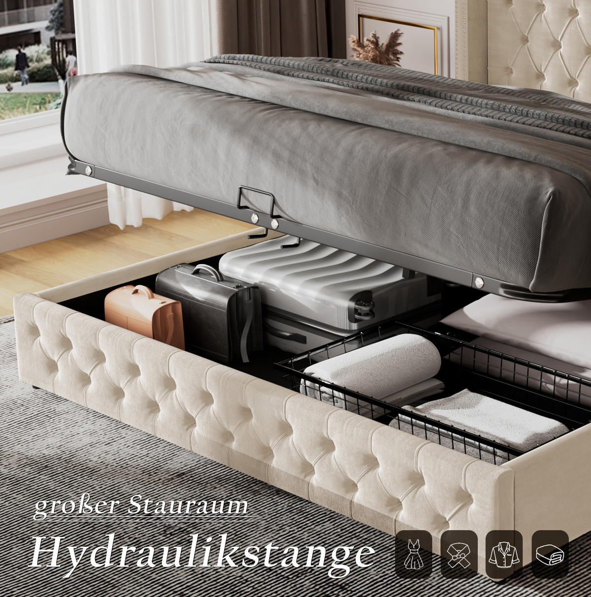 POLSTERBETT 180/200 cm mit hydraulischem Bettkasten, Chesterfield-Design und Samtbezug, Beige - Beige, Textil (180/200cm) - Redom