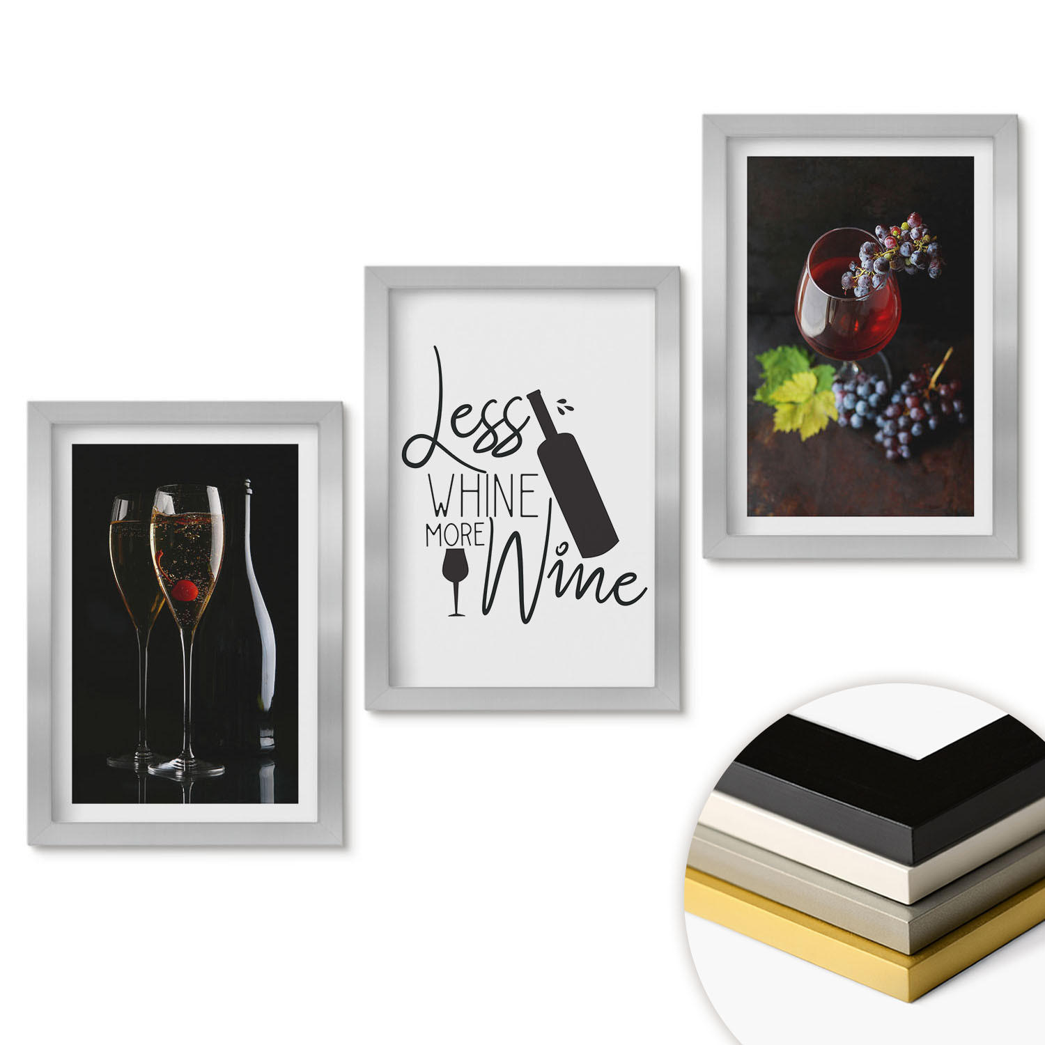 WANDBILDER 3er Set - 20x30 cm Silberner Rahmen - Weingläser mit Trauben und Inschrift - Silberfarben, Kunststoff (20/30cm) - ArtPrintCave