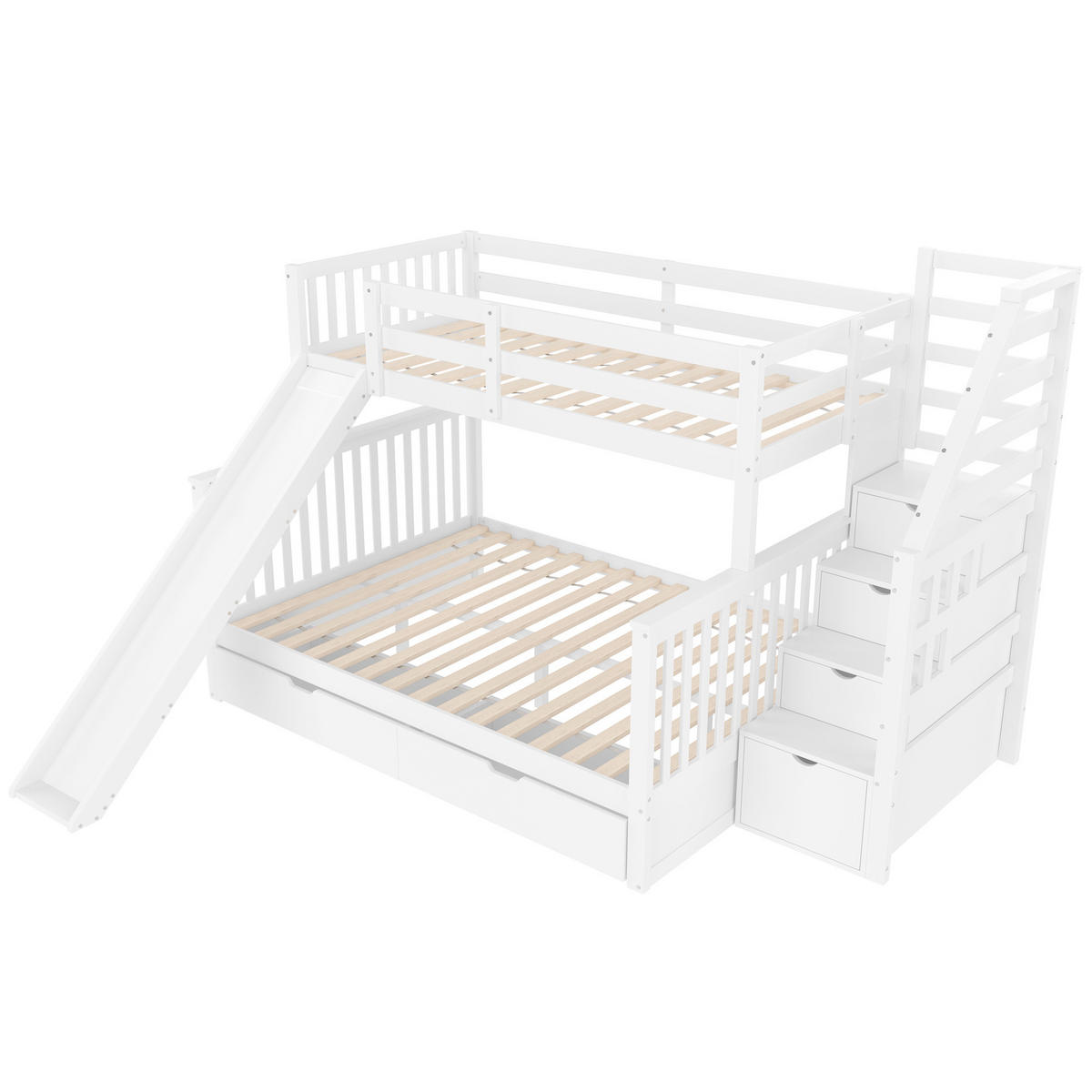 ETAGENBETT 90/200 über 140/200 cm mit Rutsche, 2 Schubladen und Stauraum aus Kiefer/MDF, Antikweiß - Weiß, Holzwerkstoff (90/200cm) - Redom