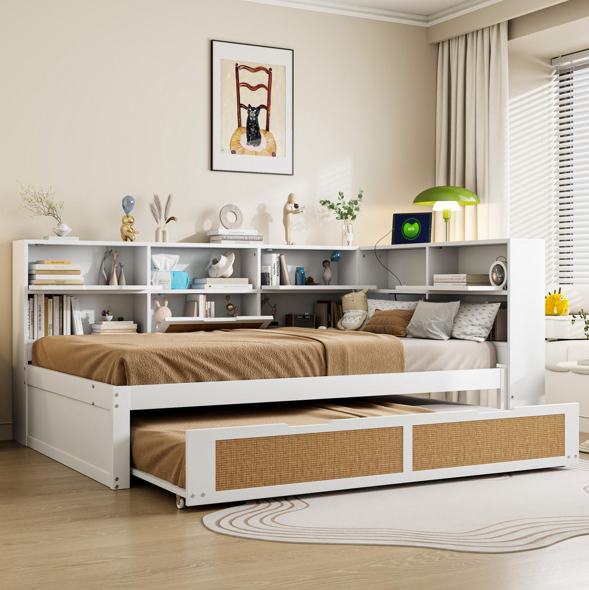 POLSTERBETT aus Holz 140x200 cm in Weiß mit Ausziehbett & USB-Anschluss - Weiß, Holz (140/200cm) - Modfu