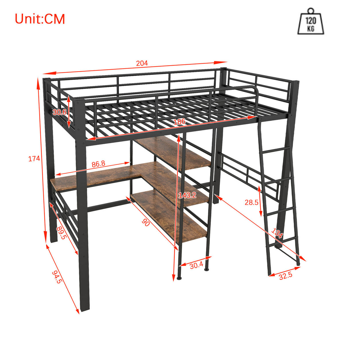 HOCHBETT 90/200 cm mit Schreibtisch, Regalen, Leiter und Rundum-Schutzgitter aus Metall, Schwarz - Schwarz, Metall (90/200cm) - Redom