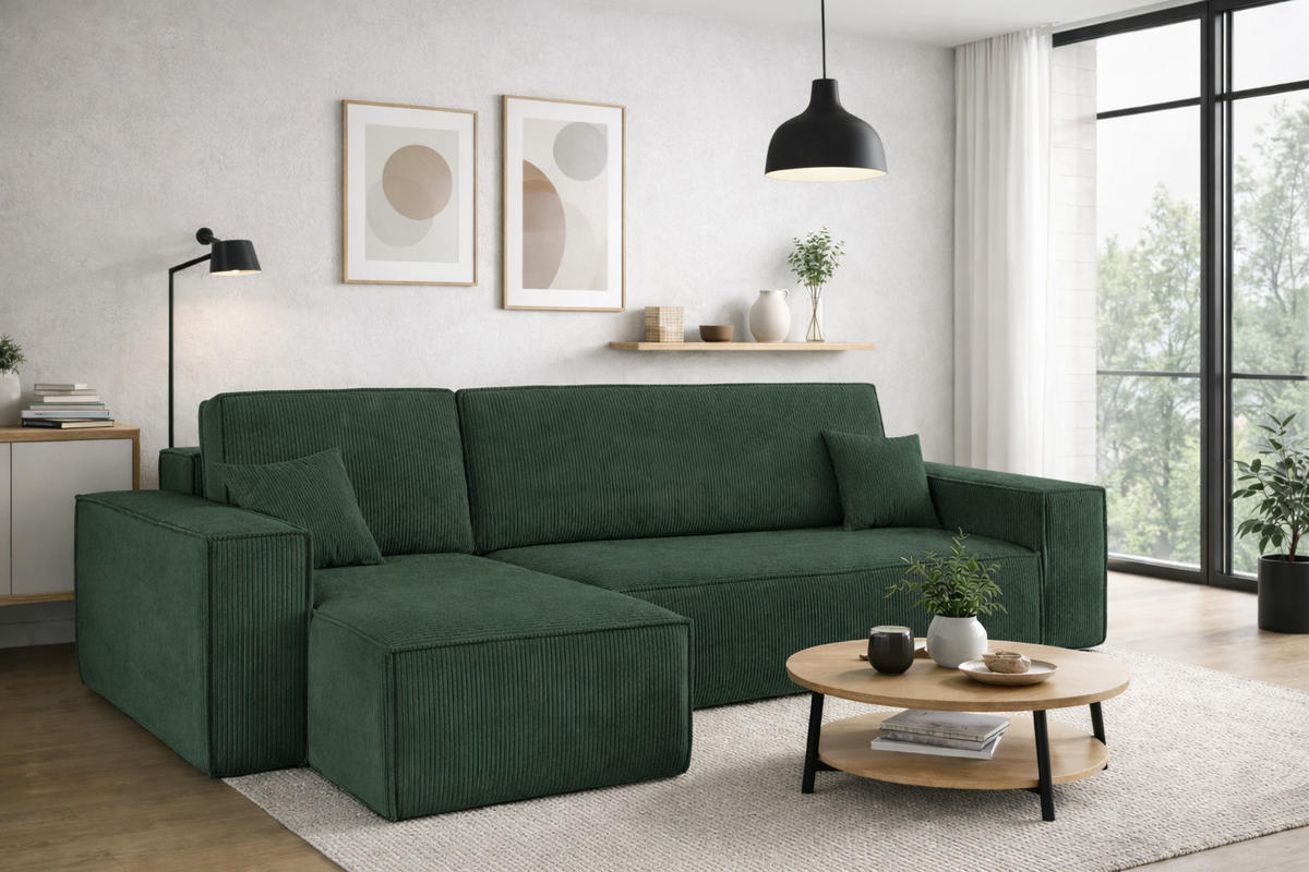 ECKSOFA Mit Schlaffunktion Und Bettkasten BEST Stoff Poso Dicker Cord Grün Links - Grün, Holz/Textil (142/244cm) - Kaiser Möbel