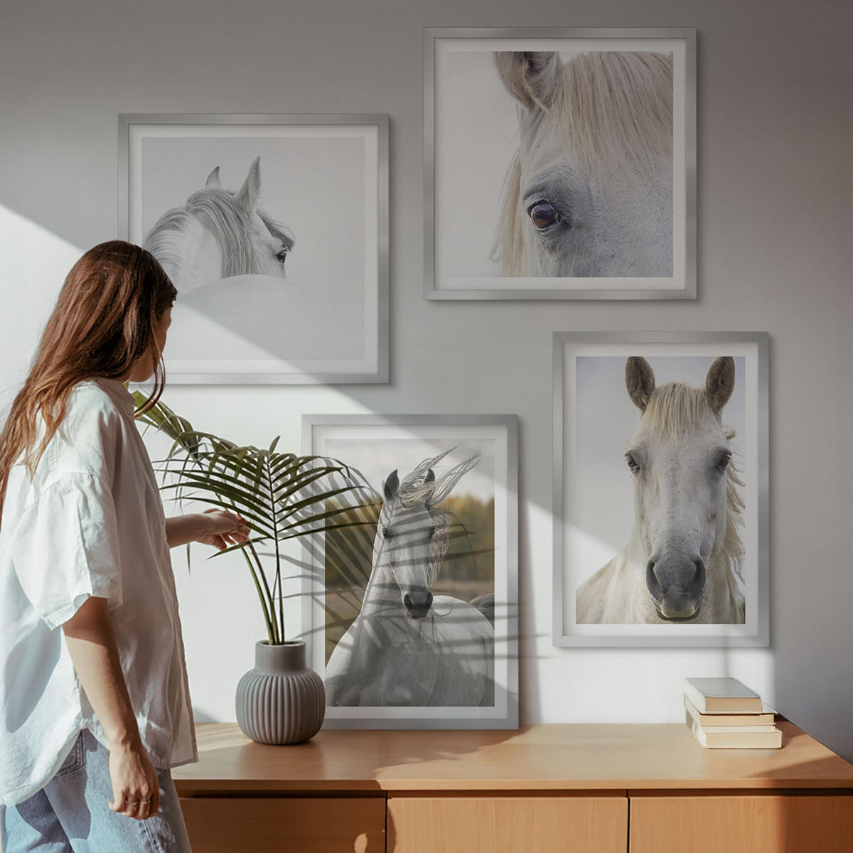 WANDBILDER 4er Set - 50x50 cm & 40x60 cm Silberner Rahmen - Weiße Pferde - Silberfarben, Kunststoff (50/50cm) - ArtPrintCave