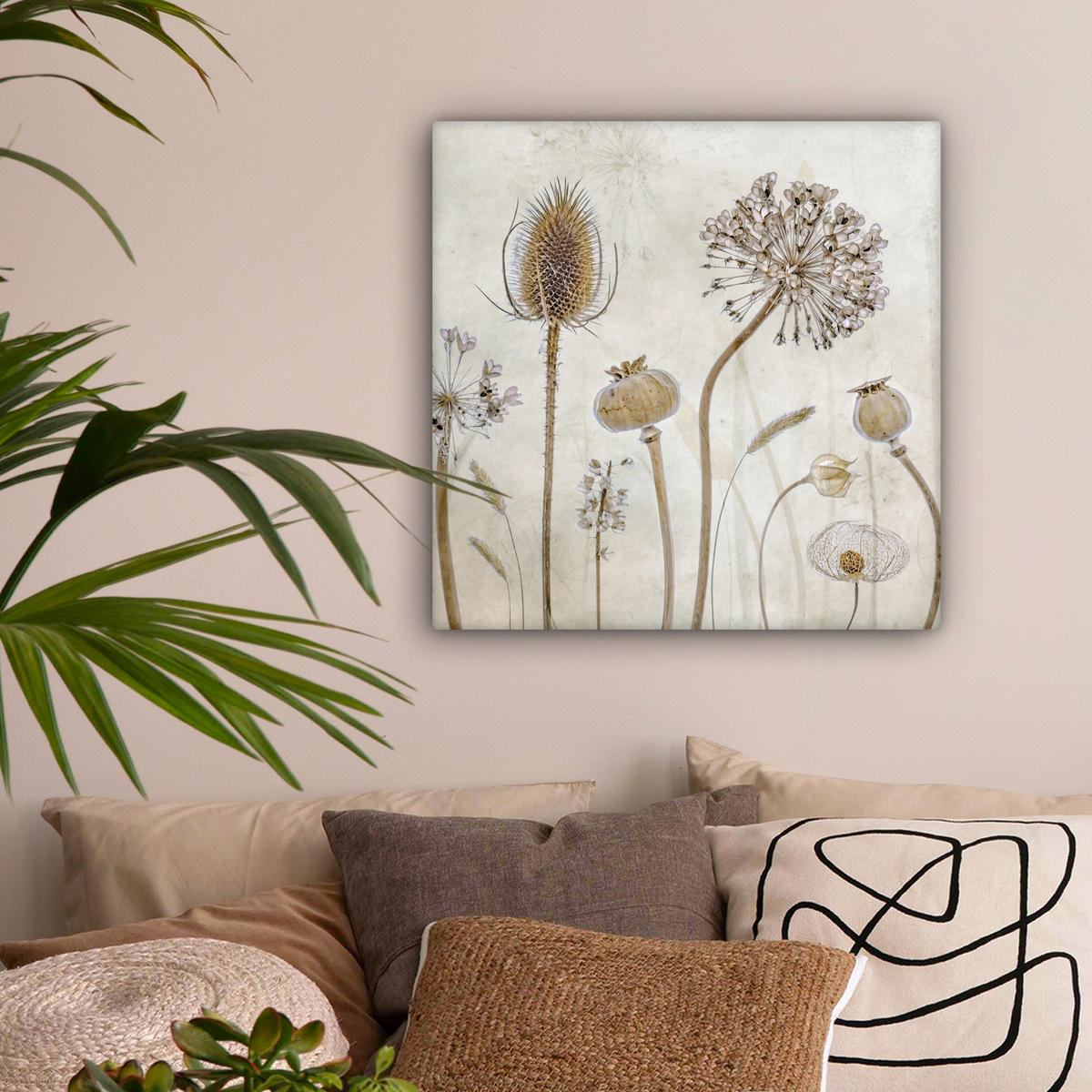LEINWANDBILD Blumen - Aquarell - Stilleben - Braun - Vintage Wandbild Wohnzimmer 50x50 cm - Beige, Textil (50/50cm) - MuchoWow