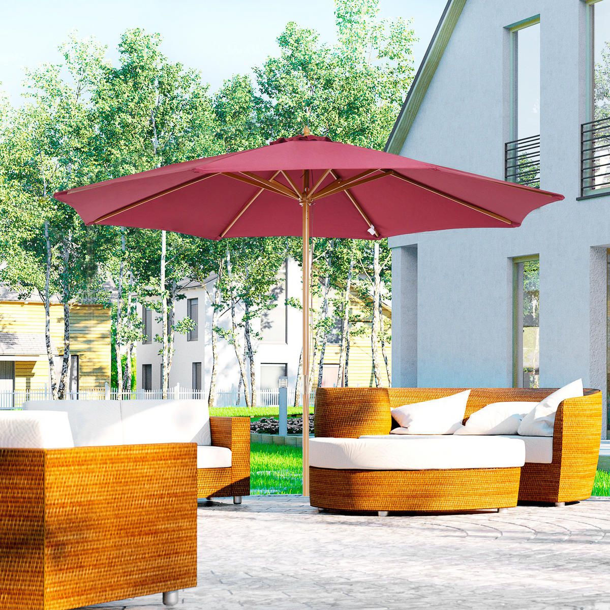 SONNENSCHIRM DE-11353 doppeltes Dach, Holz, 3 m Rot - Rot, Holzwerkstoff (300/300cm) - ComfortXL