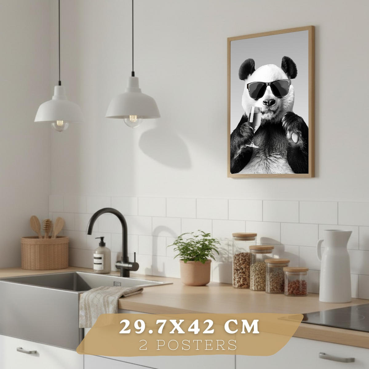 POSTER 4er Set Lustige Tiere Schwarz Weiß Wandbilder Hase Panda Golden Retriever Koch Küche Deko Rahmenlos A3 - Klar, Papier (29.7/1/42cm) - Nacnic