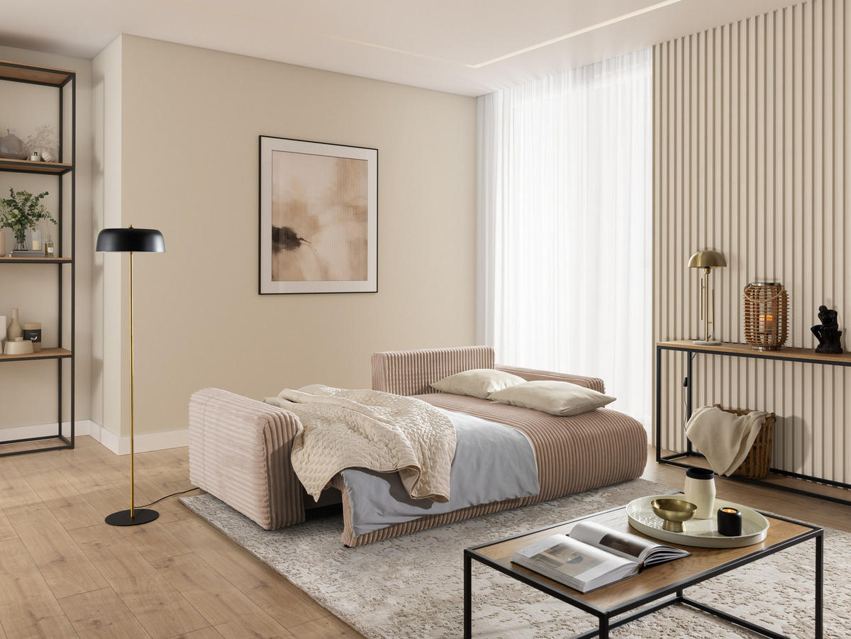 ECKSOFA Calma mit Schlaffunktion und Bettkasten im Bumpy-Design aus weichem Beige Plüschcord - Ottomane rechts - Beige/Schwarz, Holz/Kunststoff (140/239cm) - S-Style