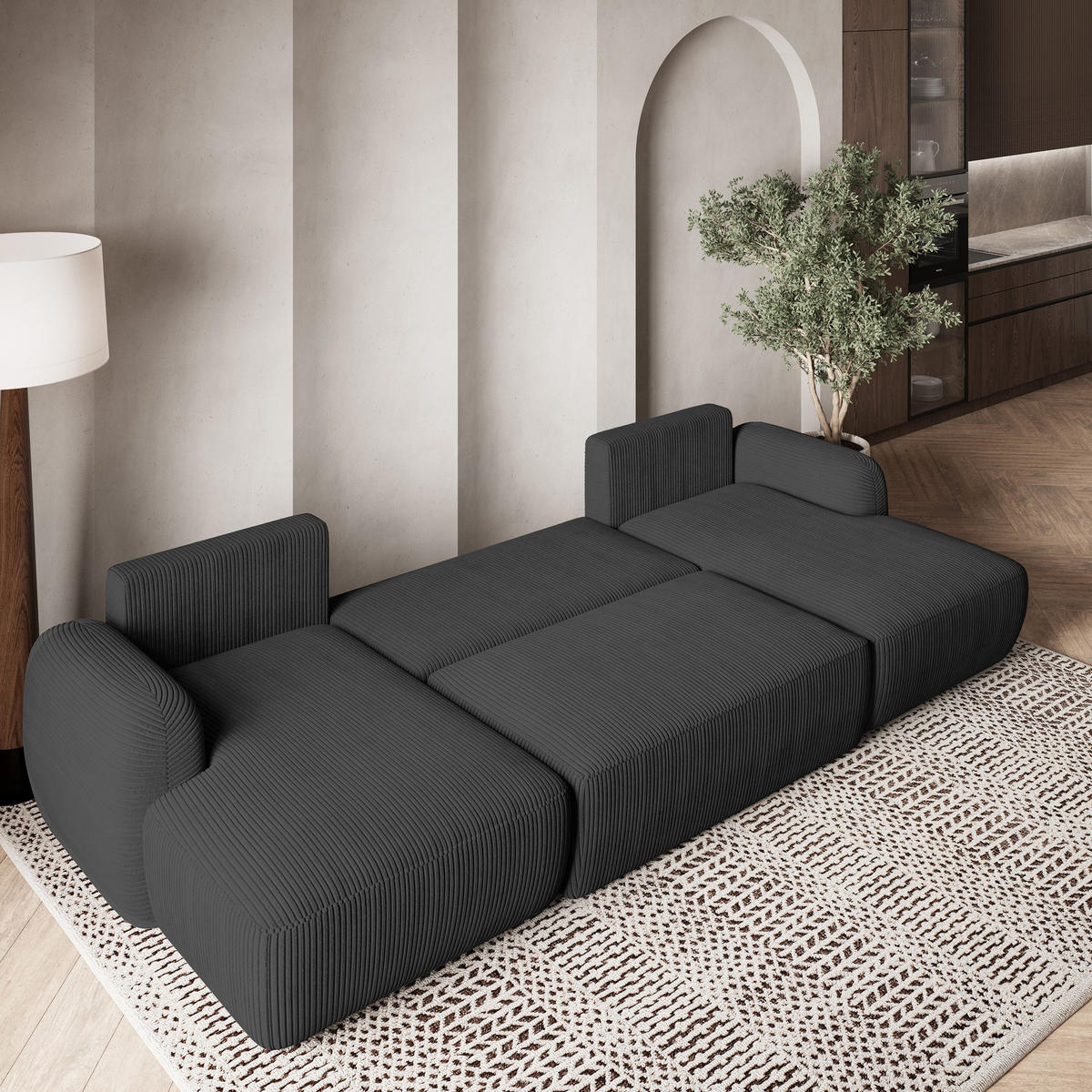 WOHNLANDSCHAFT SAVONA P Graphitfarben Kordstoff mit Schlaffunktion - Graphitfarben, Holz (320/90/148cm) - MASSENO