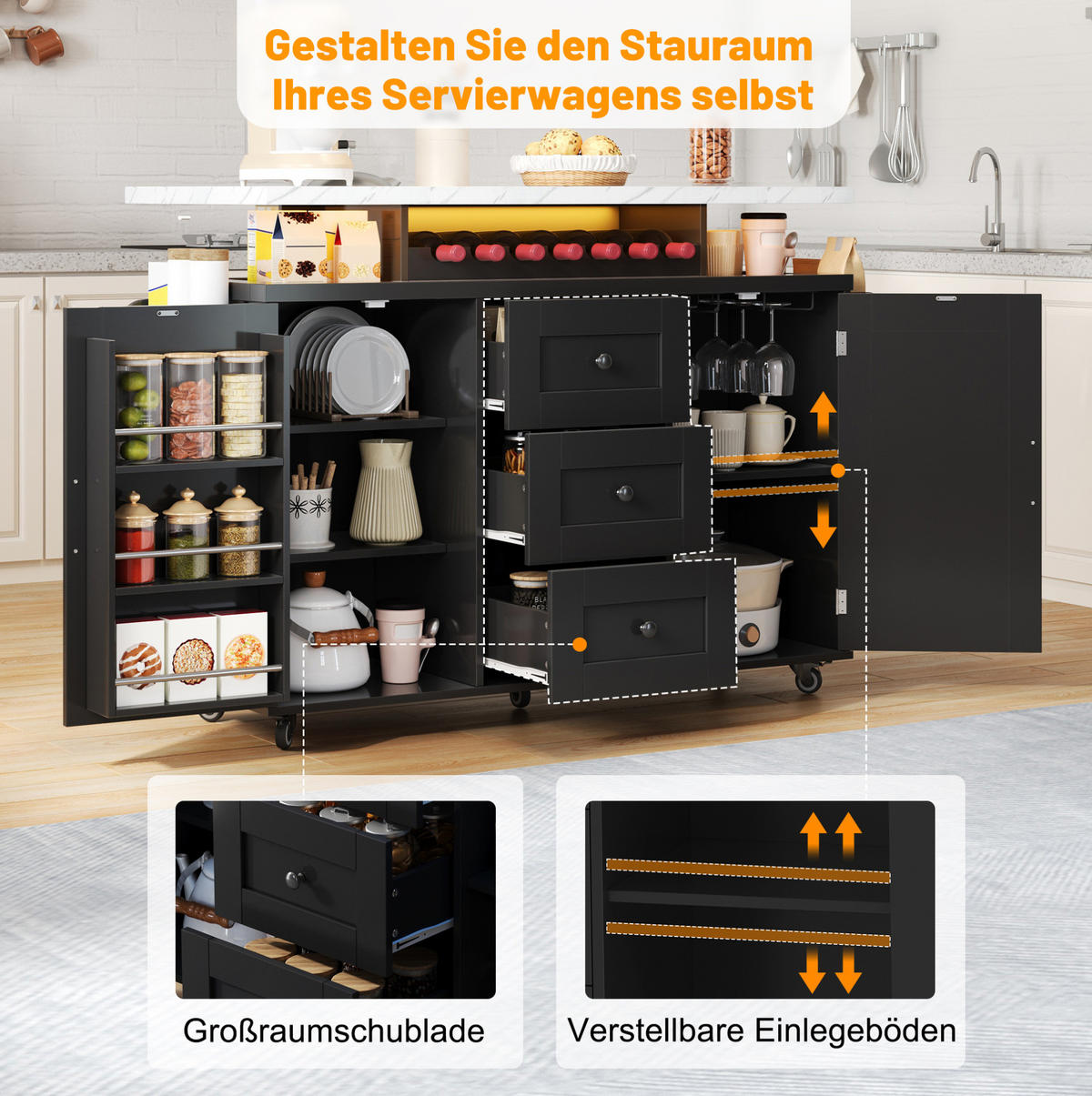 KÜCHENINSEL mit klappbarer Arbeitsplatte 138 x 60 x 93 cm MDF Schwarz - Schwarz, Holz (60/93/138cm) - Beauniv