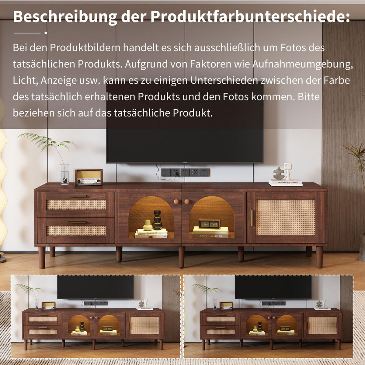 TV-SCHRANK 180cm Braun Rattan Glastüren LED-Beleuchtung bis 80 Zoll - Braun, Holz (40/50/180cm) - FLIEKS