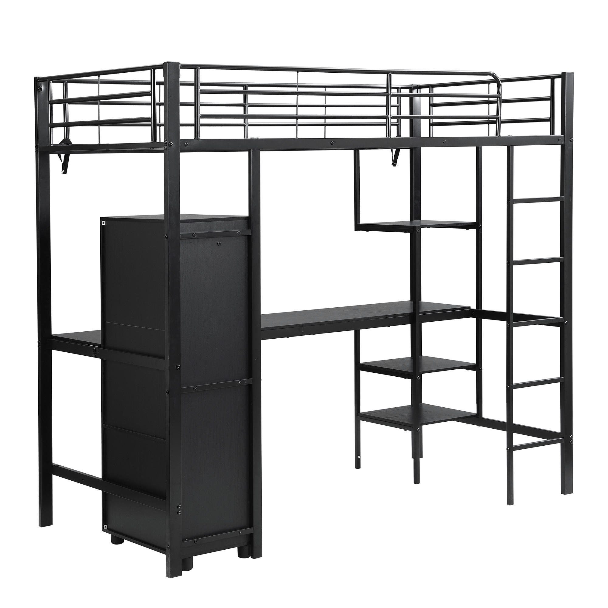 HOCHBETT 90/200 cm DE-02343, in Schwarz, mit Tisch, Kleiderschrank und 5-stufiger Leiter - Schwarz, Metall (90/200cm) - ComfortXL