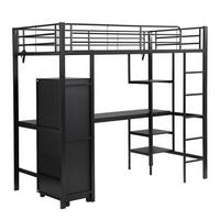 HOCHBETT 90/200 cm DE-02343, in Schwarz, mit Tisch, Kleiderschrank und 5-stufiger Leiter - Schwarz, Metall (90/200cm) - ComfortXL