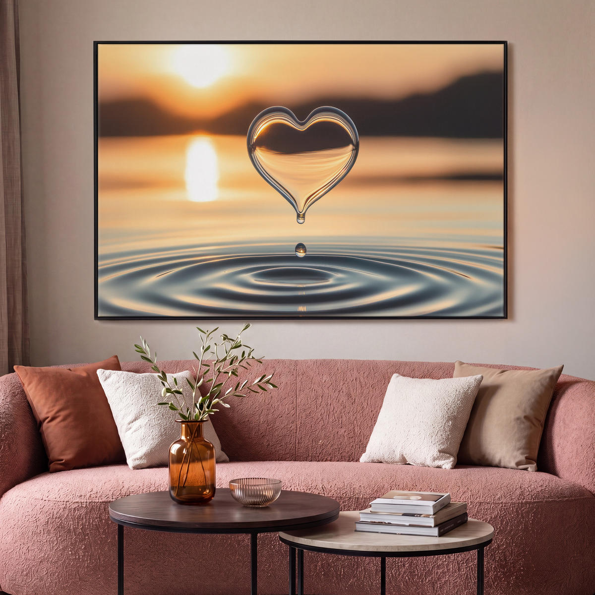 LEINWAND Bilder mit Rahmen - Herz - Wasser - Sonnenuntergang - Natur - Zen - 150x100 - Bernsteinfarben, Textil (150/100cm) - MuchoWow