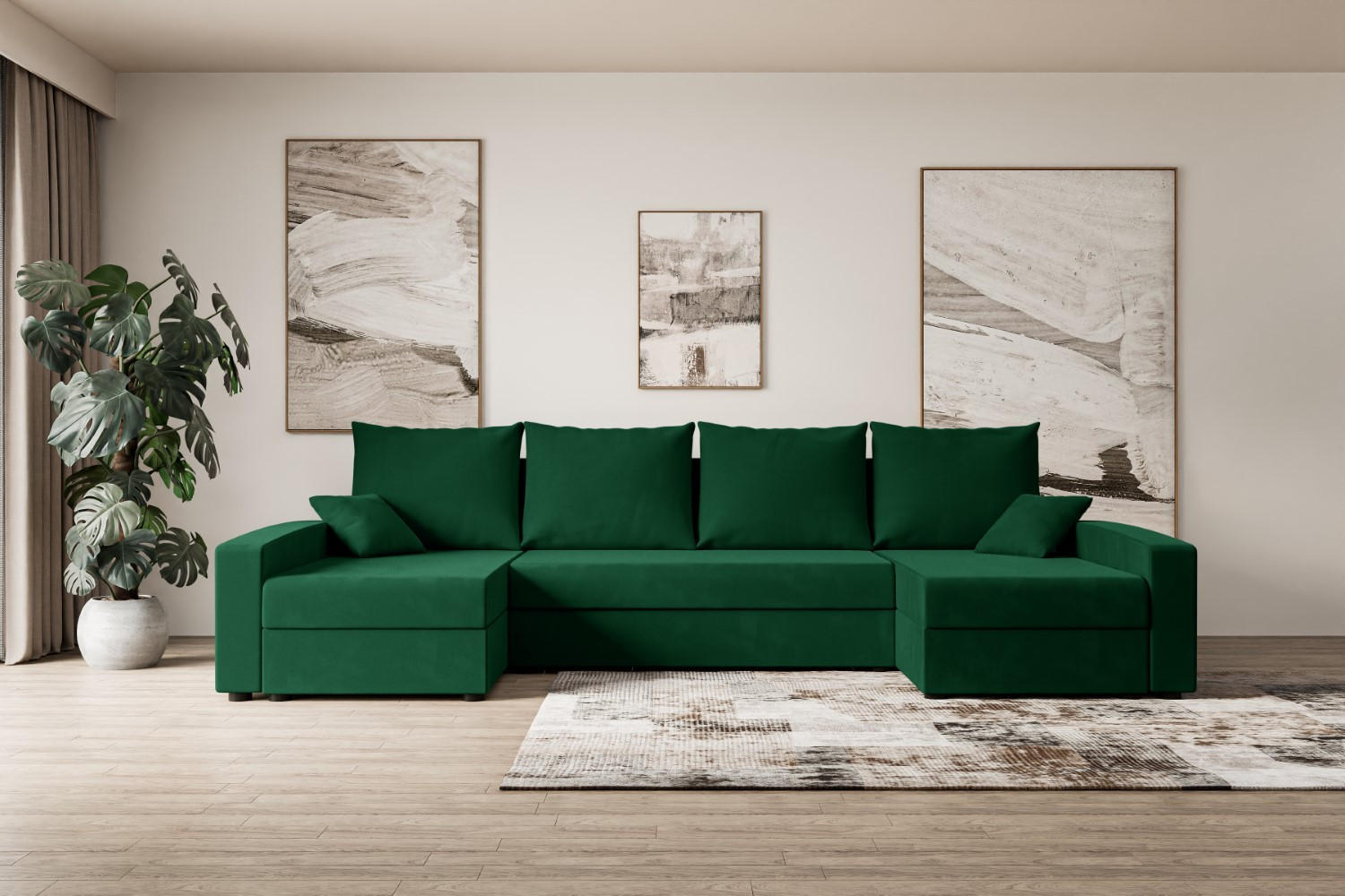 WOHNLANDSCHAFT mit Schlaffunktion und Bettkasten ALESIA-U 301x140x90 cm Grün Velours - Silberfarben/Grün, Holzwerkstoff/Kunststoff (301/90/140cm) - ALTDECOR