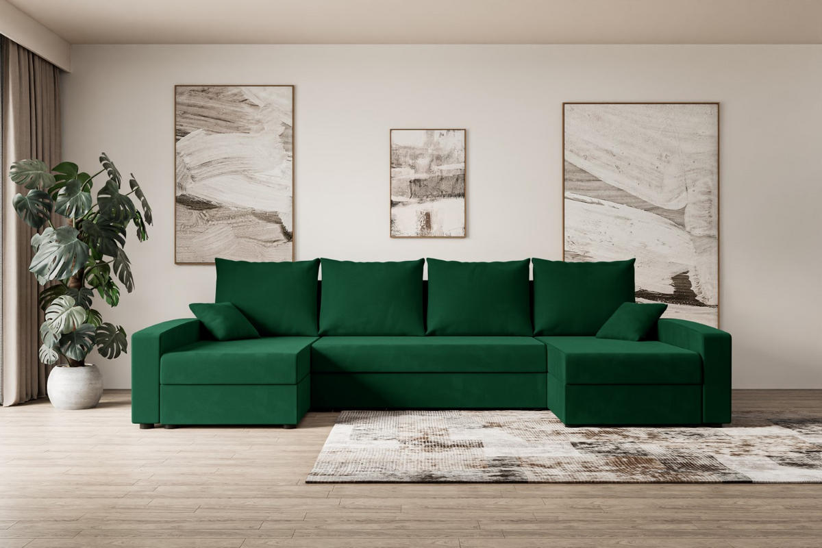 WOHNLANDSCHAFT mit Schlaffunktion und Bettkasten ALESIA-U 301x140x90 cm Grün Velours - Silberfarben/Grün, Holzwerkstoff/Kunststoff (301/90/140cm) - ALTDECOR