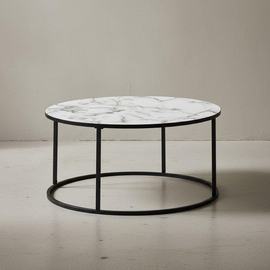 COUCHTISCH rund, Marmor-Optik, modernes Design mit 80 cm Durchmesser - Schwarz/Weiß, Holz/Metall (80/80/40cm) - KADIMA DESIGN