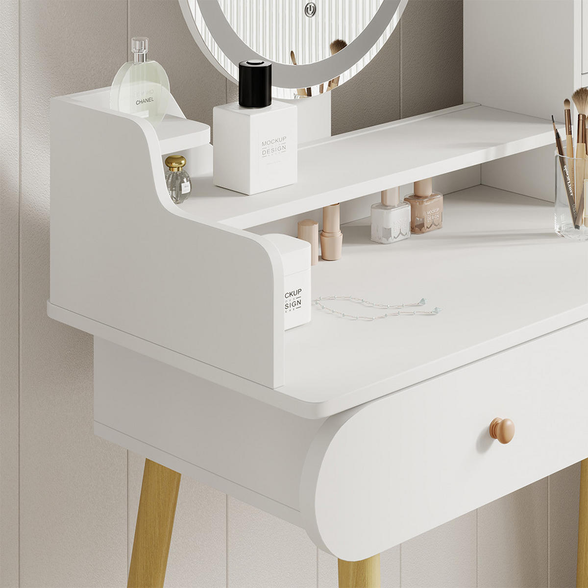 TOALETNÍ STOLEK Edda Bílá 100 cm se zrcadlem LED a stoličkou - bílá, kompozitní dřevo (100/130/40cm) - Vicco