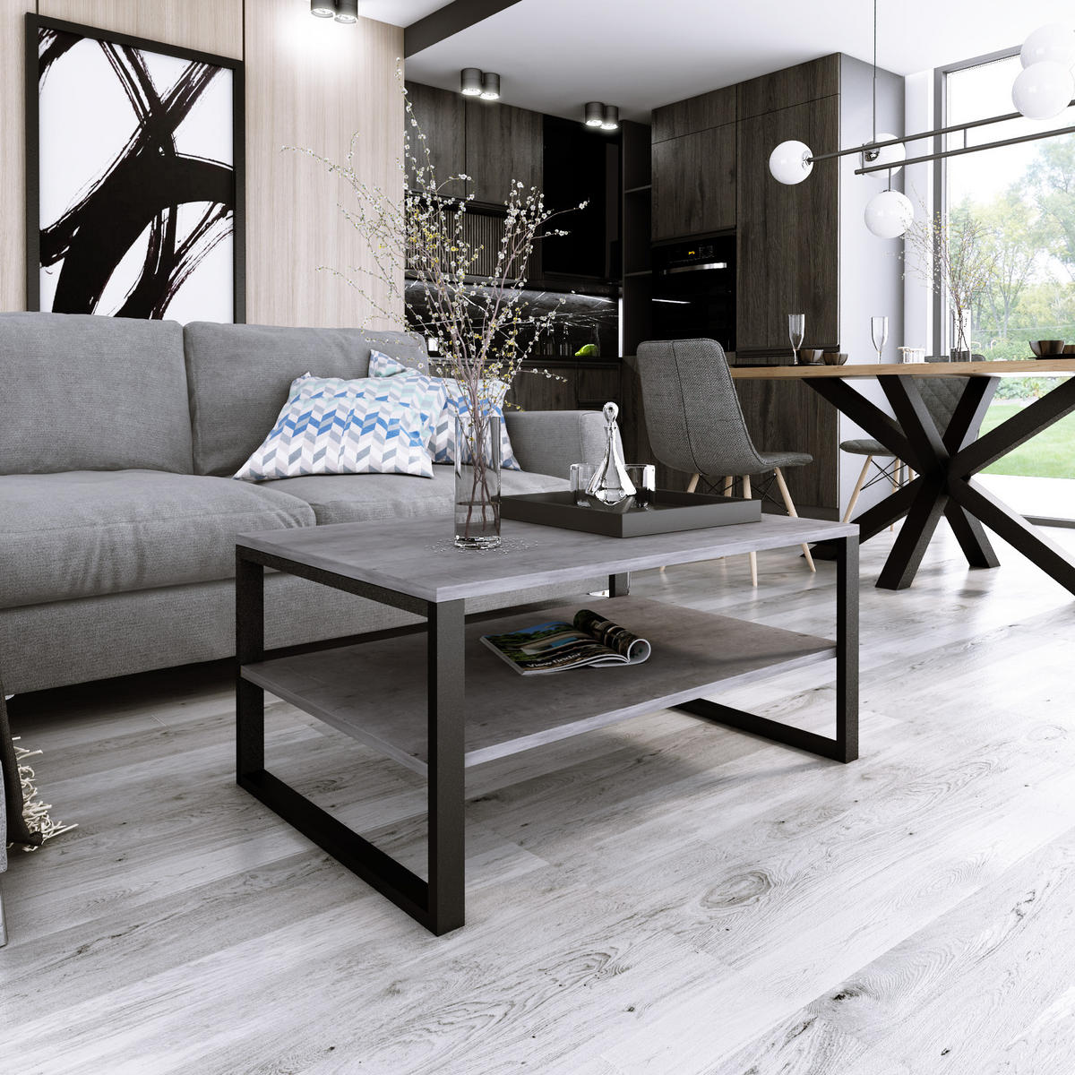 COUCHTISCH Basic rechteckig Beton mit Metallbeinen - Graphitfarben, Metall (60/90/47cm) - Design Möbel