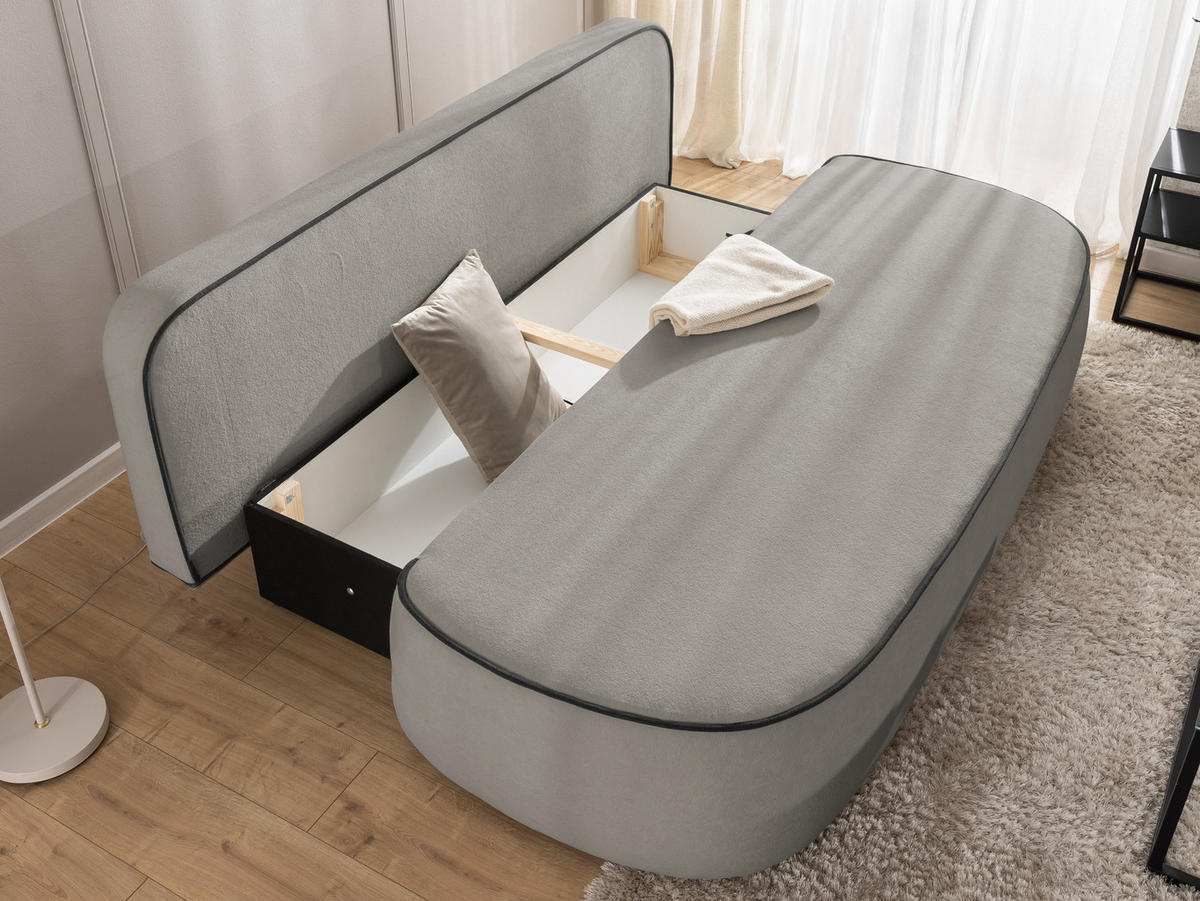 KINDERSOFA Vero im modernen und abgerundeten Design mit Schlaffunktion und Bettkasten aus Grau Plüschstoff mit schwarzer Paspel - Schwarz/Grau, Holz/Kunststoff (210/90/98cm) - S-Style Möbel
