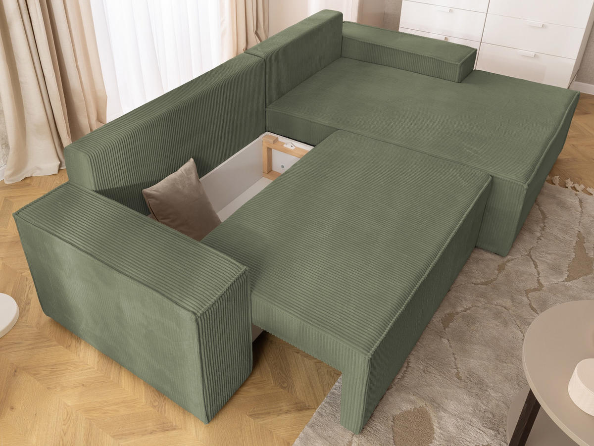 ECKSOFA Rivio mit Schlaffunktion und Bettkasten, Cordstoff Grün - Schwarz/Grün, Holz/Kunststoff (262/149cm) - S-Style