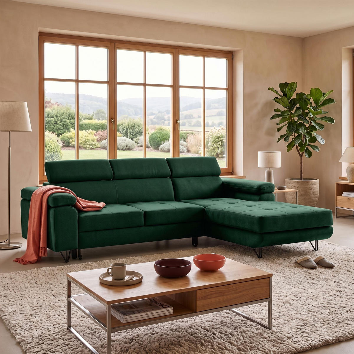 ECKSOFA NORIS L Rechts mit Schlaffunktion 128x203 Velours Dunkelgrün - Dunkelgrün/Schwarz, Holz/Textil (183/250cm) - Muffo