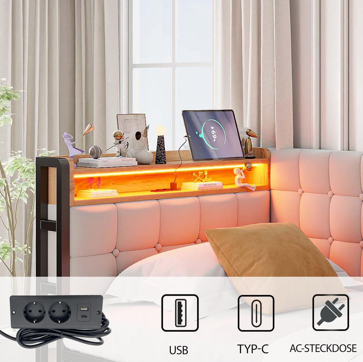 POLSTERBETT mit LED-Beleuchtung 90/200 cm mit 2 Schubladen und USB-/Typ-C-Anschluss - Beige, Textil (90/200cm) - BEAOK