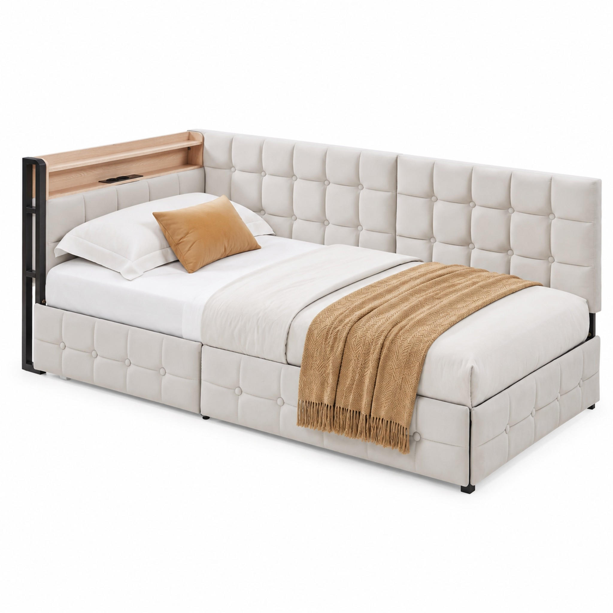 SCHLAFSOFA mit 2 Schubladen 90x200 cm Beige - Beige, Metall (90/200cm) - Meubliv