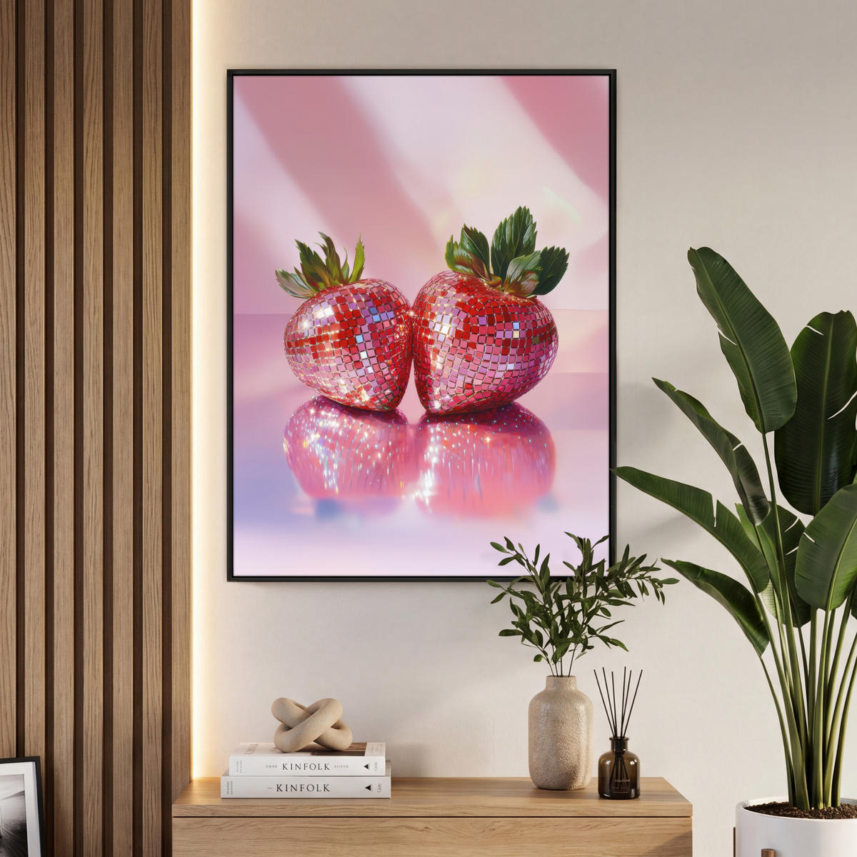 LEINWAND Bilder mit Rahmen - Disco - Obst - Glitzer - Erdbeere - 70x100 - Pink, Textil (70/100cm) - MuchoWow