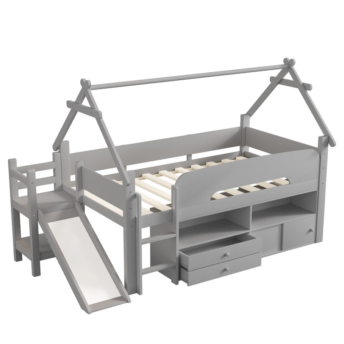 KINDEREINZELBETTEN aus Massivholz 90 x 200 cm in Grau mit Rutsche & Stauraum - Grau, Holz (90/200cm) - Modfu